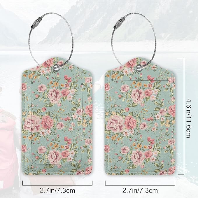 2Pcs Luggage Tag for Suitcase Vintage Floral Shabby Chic Pink Rose Cute Suitcase Tag with Privacy Flap & Name ID Label & Metal Loop,Travel Bag Luggage Tags for Women
