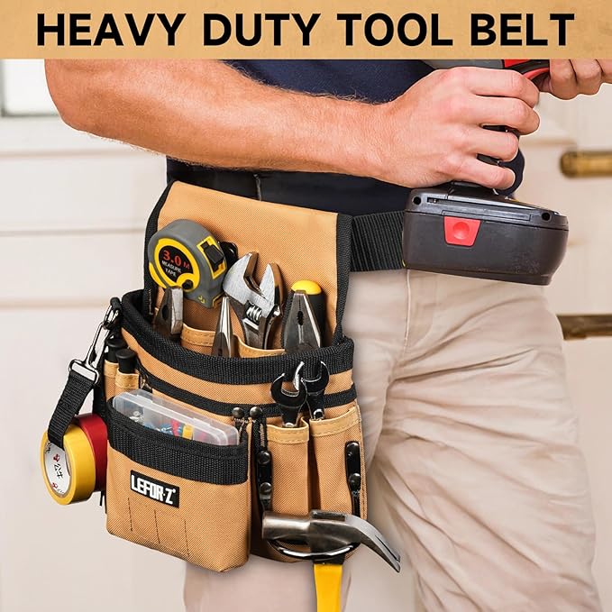 Tool Belt,Magnetic Tool Pouch,14-Pockets Tool Belts for Men,Detachable & Adjustable Tool Pouch Belt for Electrician,Carpenter,Construction,Work Apron,Utility Belt,Black-Brown