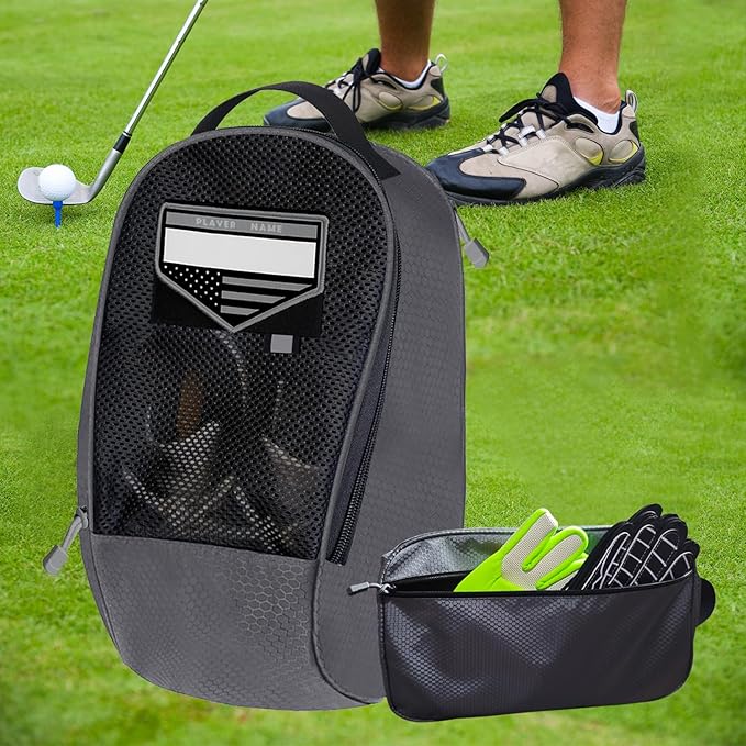 Shoe Bag Golf Travel Soccer Gym Sport with Side Accessory Outside Pocket for Socks Shoe Pouch Portable Large Shoe Storage Bag for Packing Zippered (Black Grey)
