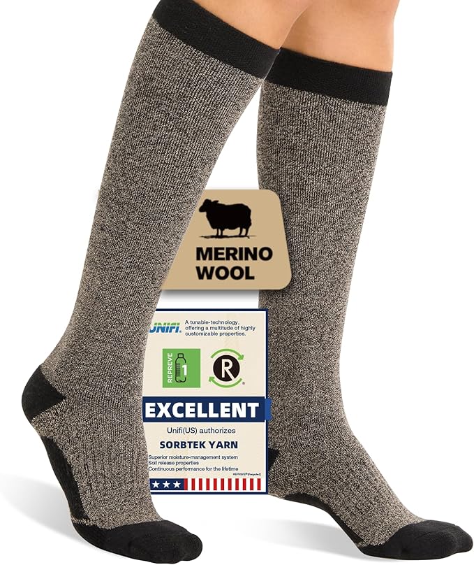 Merino Wool Compression Socks for Women Men, 15-20 mmHg Knee High Socks for Flying, Travel, Running