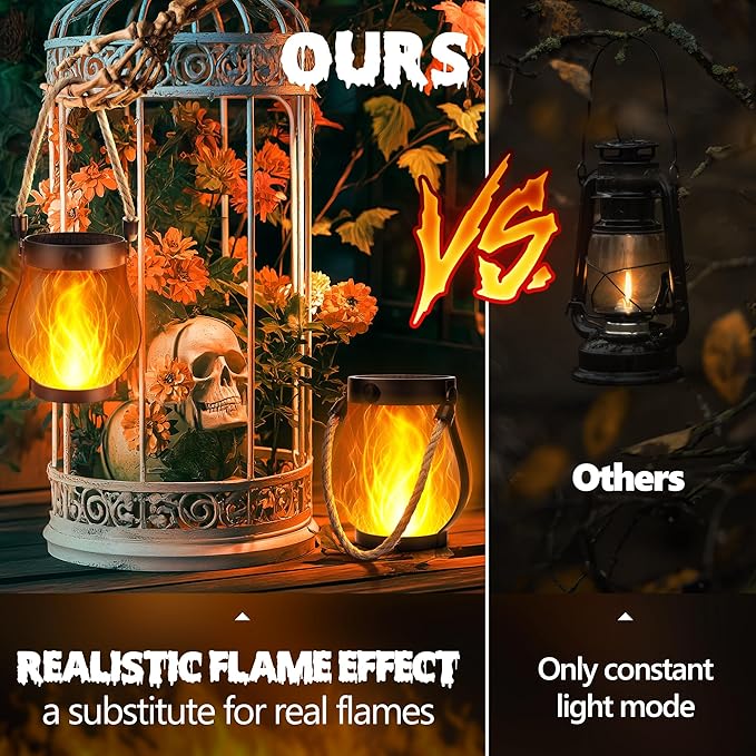 Halloween Solar Flame Lantern Hanging Outdoor Waterproof Purple - 2 Pack Flame Lanterns with Dual Charging Modes of Solar & USB for Garden or Yard Halloween Decorations (Warm White - 1 Pack)
