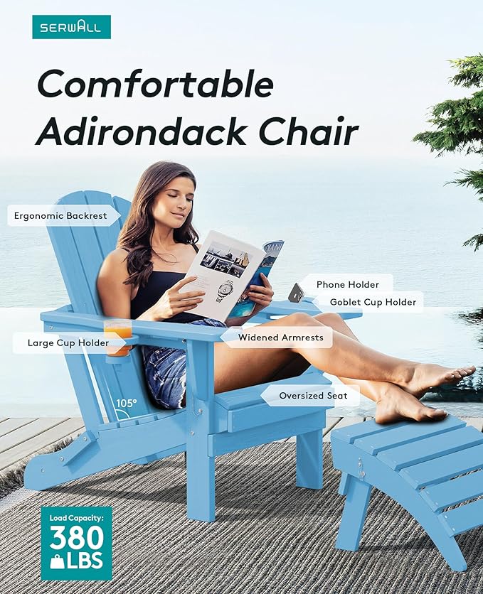 SERWALL Adirondack Chair with Cup Holders - Composite Adirondack Chairs HDPE Outdoor Chairs All Weather Use- Light Blue