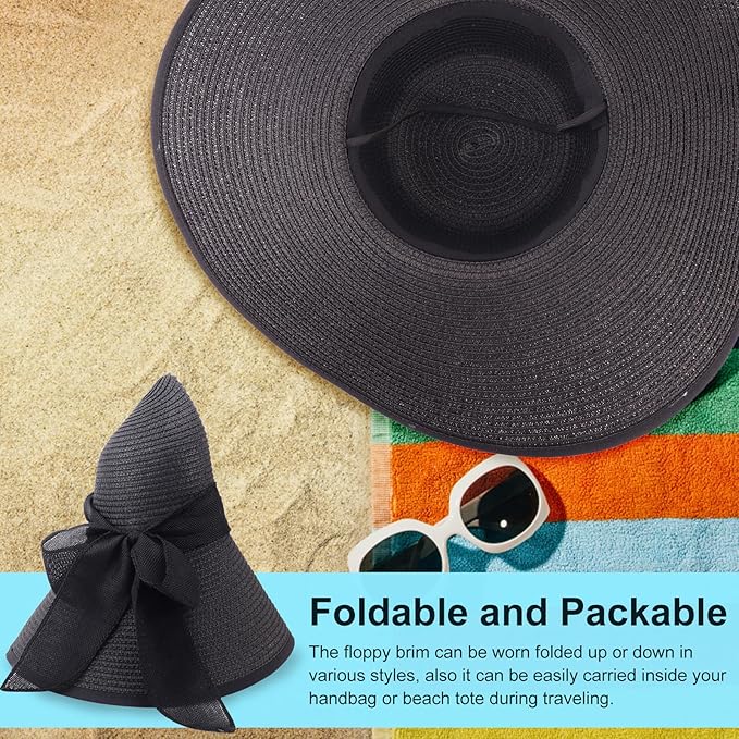 DRESHOW Beach Hats for Women Big Straw Wide Brim Summer Hat Floppy Foldable Roll up Cap Sun Hat UPF 50+