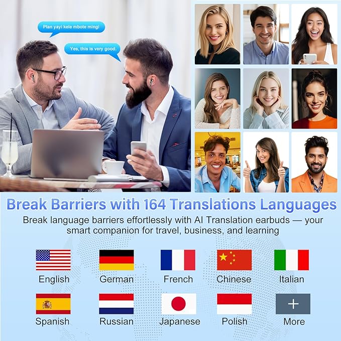 AI Translation Earbuds Real Time with Audio and Video Calls, 164 Language/7 Translation Modes Translator Earbuds Bluetooth 5.4 with APP, 48H AI Ear Buds Translator Device for Business/Learning/Travel