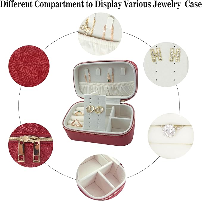 Small Jewelry Travel Case For Womens Small Rectangle PU Leather Jewelry Box With Zipper 2.56" H Portable Travel Jewelry Case For Earring Rings Necklaces Bracelets Red Jewelry Gifts Box
