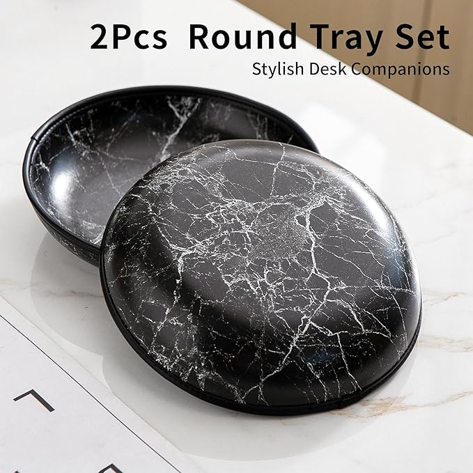 2025 Improved Design Round Marbled Leather Valet Tray Organizer Set of 2, Hard Leather Catchall Tray for Watches, Keys, Wallets, Jewelry & Candys on Desk, Bedside, Nightstand(Round Hard)