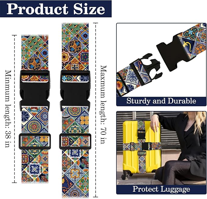 Boho Luggage Straps for Suitcases TSA Approved, Luggage Identifiers for Suitcase, Adjustable Suitcase Strap for Baggage Security with Cute Patten, Travel Necessary Accessories (2Pack)