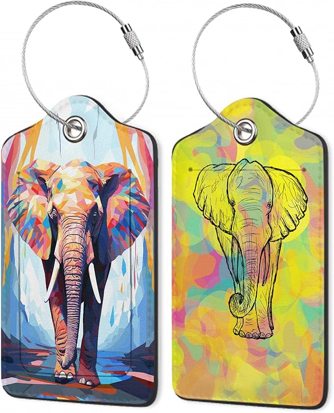 Abstraction Elephant Luggage Tags,2 Pack Oil Paint Elephant Luggage Tag,Leather Privacy Cover ID Label with Stainless Steel Loop for Women Men Kids Girls Travel