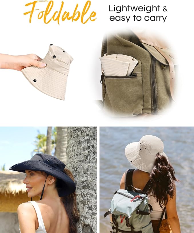 FURTALK Sun Hats for Women Ponytail UPF 50+ Beach Summer Hat Wide Brim Packable Cowboy Hat
