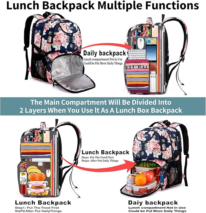 HILUSEN Lunch Cooler Backpack for Women, Extra Large 17 inch Travel Laptop Backpack with USB Charging Port, Water Resistant
