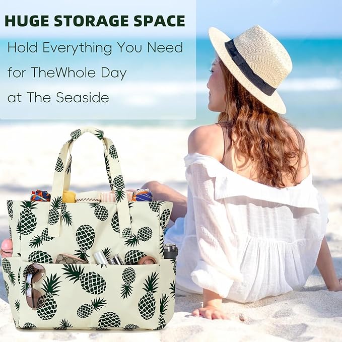 LEDAOU Large Beach Tote Bag Women Waterproof Sandproof Zipper Beach Tote Bag for Pool Gym Grocery Travel with Wet Pocket