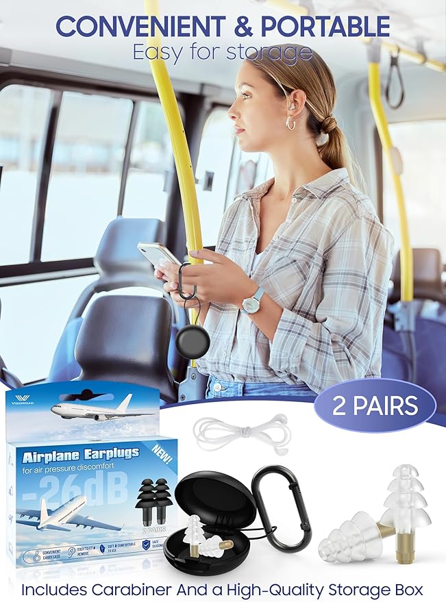 Ear Plugs for Airplane Pressure Relief, 2 Pairs Adults Soft Silicone Reusable Airplane Earplugs 26dB, with Silicone Connector Cord, Travel Essentials for Flying, Ear Protection Earplugs for Plane