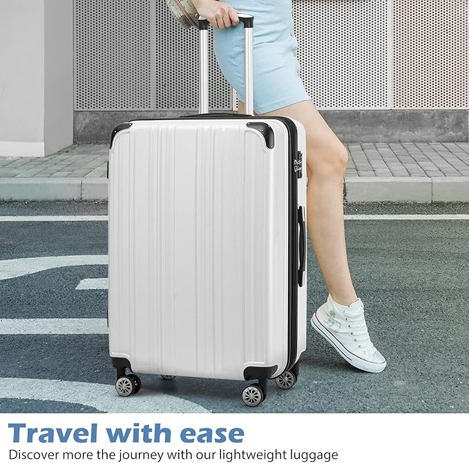 Coolife Luggage Expandable 5 Piece Sets PC+ABS Spinner Suitcase 20 inch 24 inch 28 inch (white grid new)