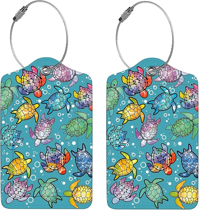 2 Pcs Luggage Tags for Suitcase, Cute Unique PU Leather Travel Bag Tag with Privacy Cover ID Label Address Card and Durable Metal Ring Suitable for Men Women Children Backpack,Gradient Color Turtle