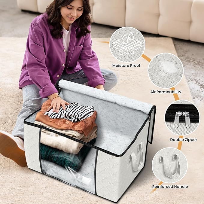 Fab totes 24 Gallons Clothes Storage, Foldable Thick Fabric Blanket Storage Bags, Containers for Organizing Bedroom, Closet, Clothing, Comforter, Organization with Handle (6 Pack,Ivory)