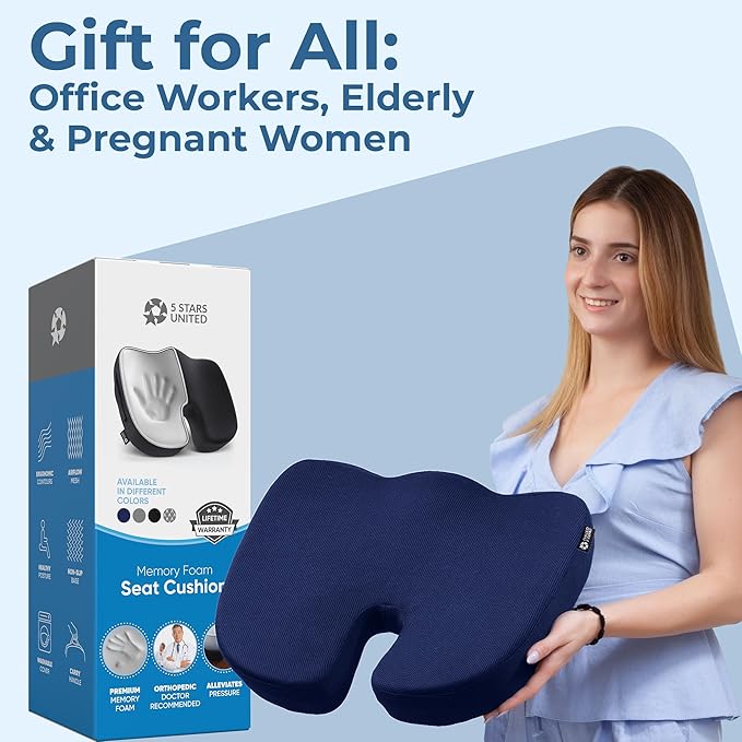 5 STARS UNITED Seat Cushion for Tailbone Pain Relief – Large Memory Foam Cushion for Coccyx, Hip, Sciatica & Post-Surgery Recovery – Wheelchair, Car, Desk, Gaming & Office Chairs, Blue