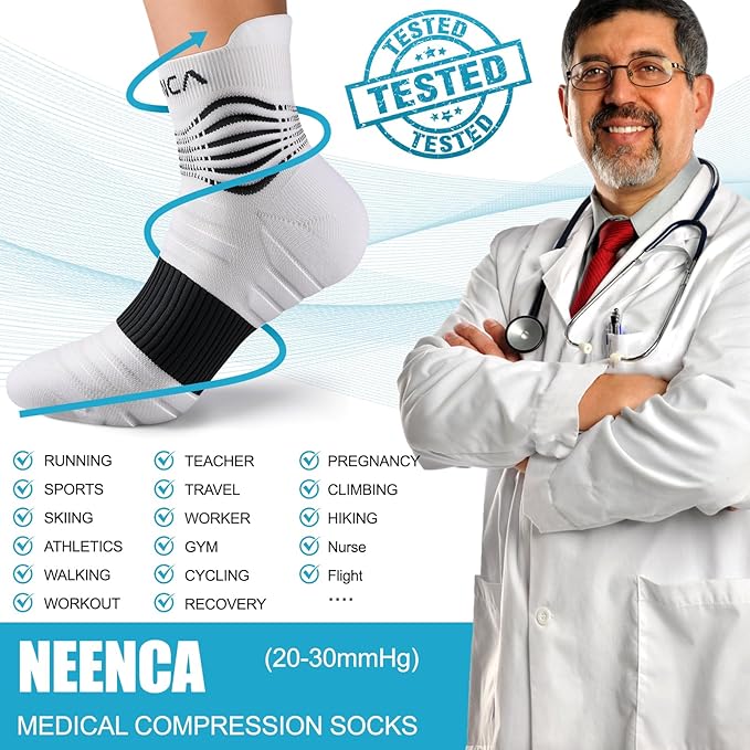 NEENCA Professional Compression Socks, Medical Athletic Ankle Socks for Injury Recovery & Pain Relief, Sports Protection, Circulation —1 Pair, 20-30 mmhg