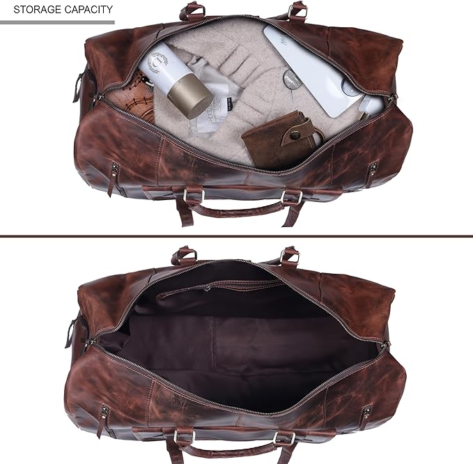24 Inch Genuine Leather Duffle Bag for Men Travel Overnight Weekender Leather Duffel Bags Sports Gym Duffel for Men and Women Carry On Luggage for Traveling