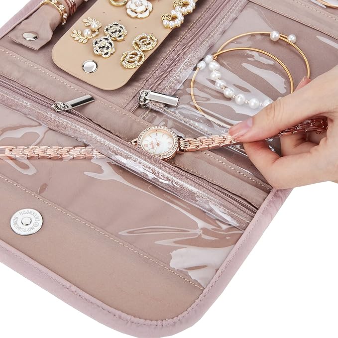 BELALIFE Travel Jewelry Case Organizer, Foldable Storage Roll for Earrings, Necklaces, Rings, Bracelets, Brooches, Pink