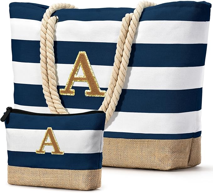 Becokan Beach Bag Initial Beach Tote with Makeup Bag for Travel Work Storage Personalized Birthday Gifts for Women Her