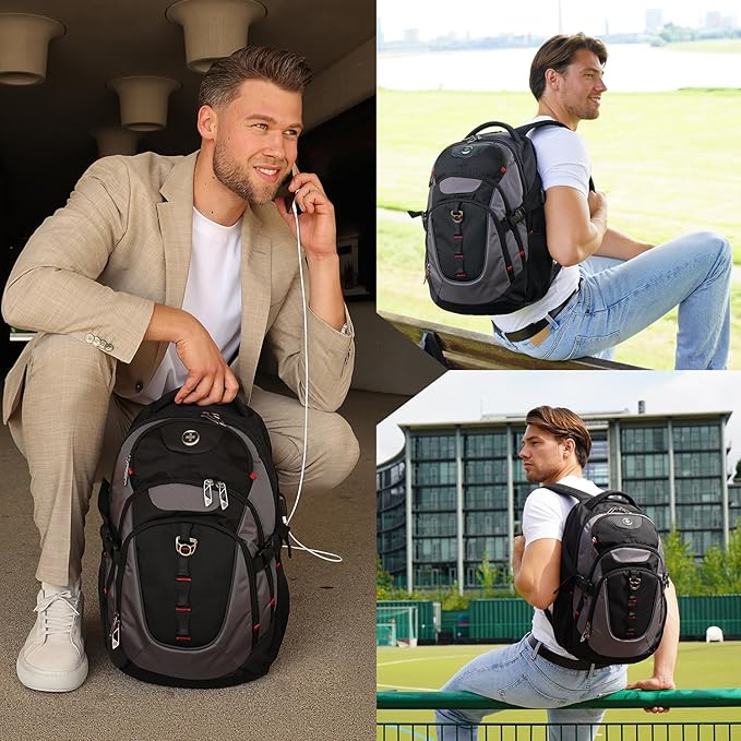 Swissdigital Design Laptop Backpack with USB Charging Port, TSA Travel Backpack Fits 15.6 inches Computer, 31L College School Backpack for Men, Black/Grey | SD803