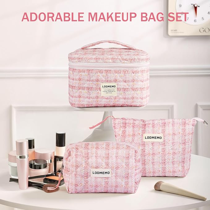 Makeup Bag 3 PCS Quilted Cosmetic Bags for Women, Large Travel Make up Bag Set Cute Cotton Toiletry Bag Organizer Pouch for Purse, Pink