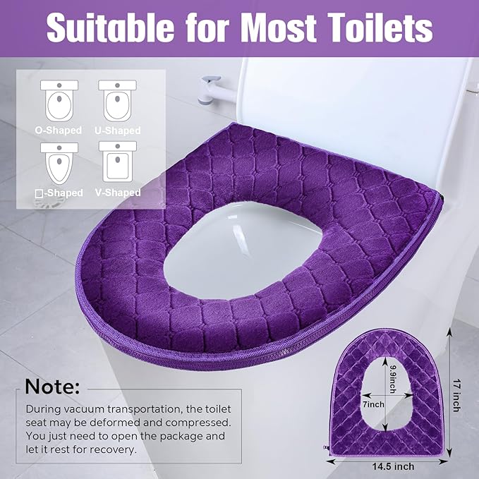 Riakrum 4 Pcs Toilet Seat Covers Pads for Bathroom Comfortable Toilet Seat Cushion Cover Soft Thicker Warmer Washable Pad with Zipper Home Reusable(Modern,Gray, Violet, Red, Brown)