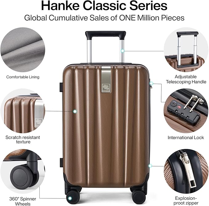 Hanke 24 Inch Luggage Suitcases With Spinner Wheels Lightweight PC Hard Shell Rolling Suitcase With Travel Lock,Checked-Medium 24-Inch （Brown）