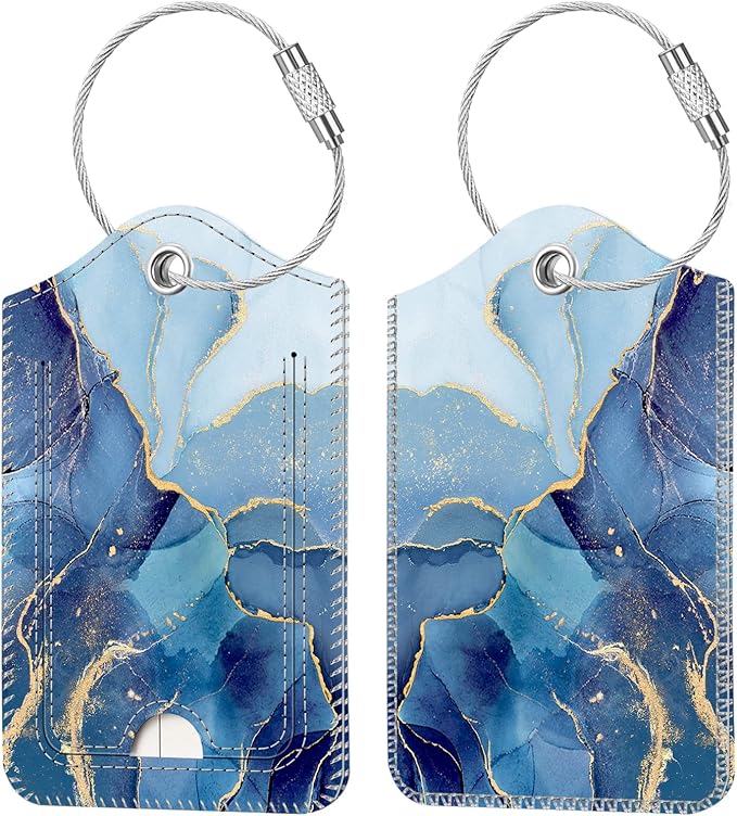 Fintie Luggage Tags, Privacy Cover ID Label with Stainless Steel Loop and Address Card for Travel Bag Suitcase - Ocean Marble (2 Piece)