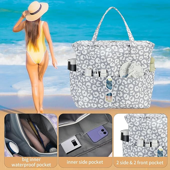 LEDAOU Large Beach Tote Bag Women Waterproof Sandproof Zipper Beach Tote Bag for Pool Gym Grocery Travel with Wet Pocket