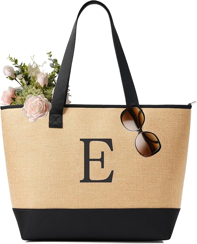 KALIDI Woven Tote Bag for Women, Lightweigh Monogram Beach Bag with Zipper & Sand-Proof Canvas Base, Personalized Gift