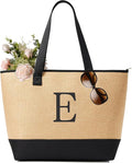 KALIDI Woven Tote Bag for Women, Lightweigh Monogram Beach Bag with Zipper & Sand-Proof Canvas Base, Personalized Gift