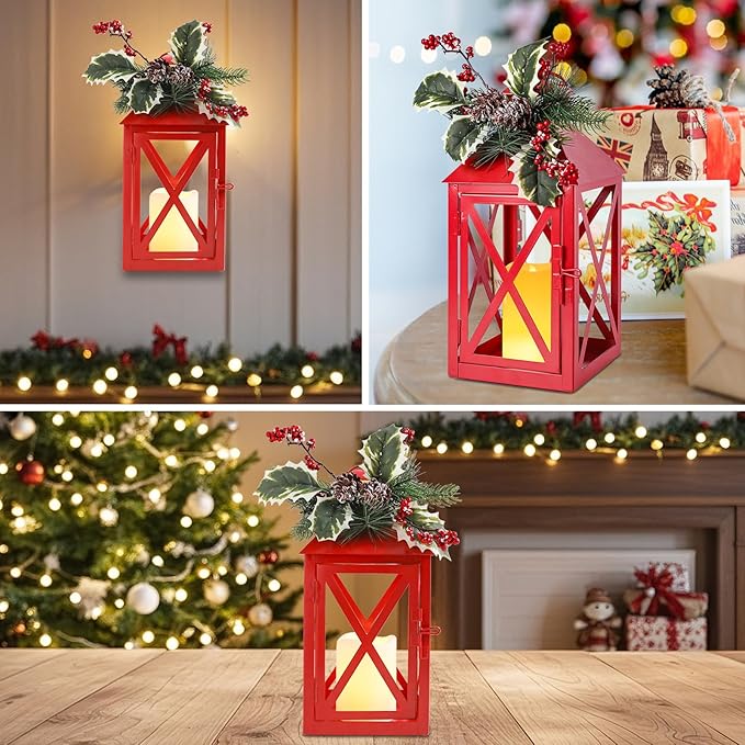 Christmas Lanterns Decorative Outdoor, Waterproof 14.2" Decorative Christmas Red Lantern Indoor Decor Metal Hanging Candle Holder LED Flameless Candle Lantern for Patio, Porch, 2 Packs