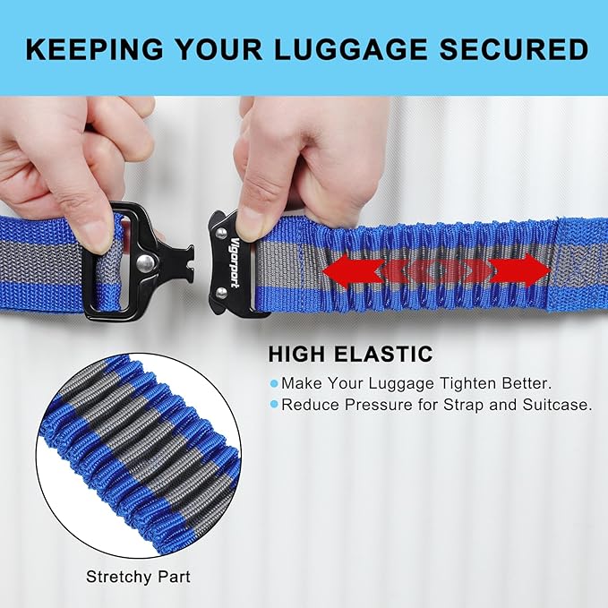 Vigorport Luggage Straps for Suitcases 2 Pack, Heavy Duty Metal Buckle Luggage Belt Strap, TSA Approved Suitcase Belt, Stretchable Travel Strap for Luggage (Blue, 42"-72" Long)