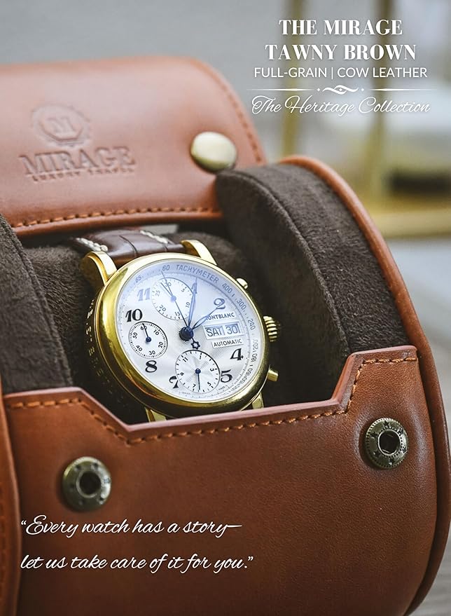 Leather Watch Rroll Travel Case Single Watch Roll Holder Tawny Brown Full Grain Cow Leather - Mirage Heritage Collection