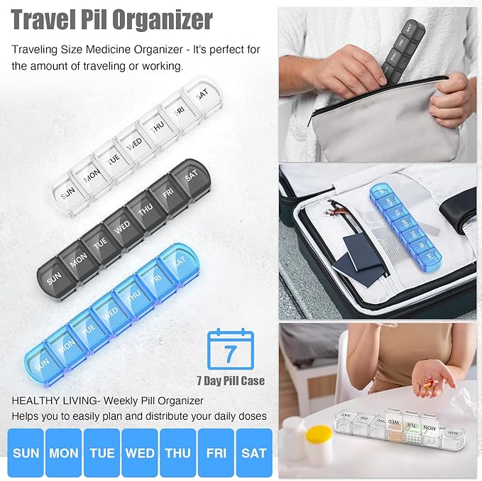 Extra Large Pill Organizer 3 Pack, XL Pill Box 7 Day, Weekly Pill Case with Large Capacity, Jumbo Organizer, BPA Free (Black+White+Blue)