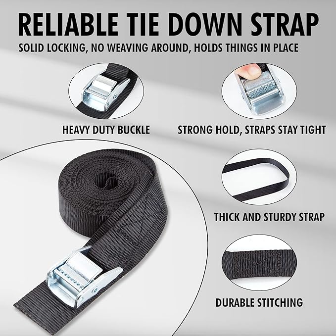 Cartman 1" x 15'Lashing Straps with Adjustable Cam Buckle Cargo Tie Down with Protective Pad, 8 Pack, Black