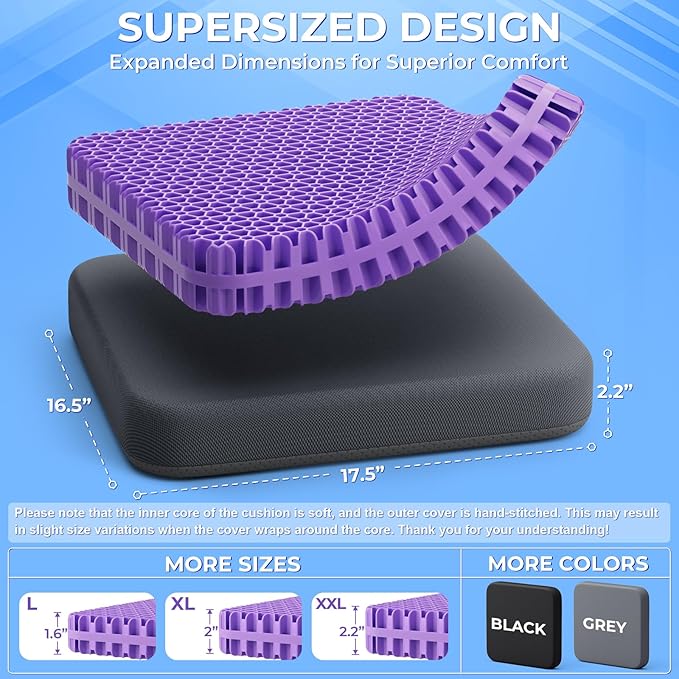 TushGuard Gel Seat Cushion for Long Sitting, Enlarged & Thickened Patent Design Office Chair Seat Cushion, Breathable Cooling Pads for Chairs, Soft Car Cushions for Wheelchair(XX-Large, Grey)