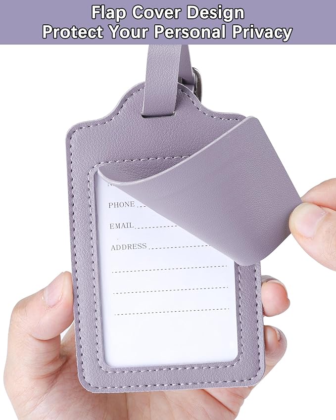 Teskyer Luggage Tags for Suitcases, TSA Approved with Privacy Protection Cover, Premium Faux Leather Bag Tags for Travel - 2 Pack, Purple