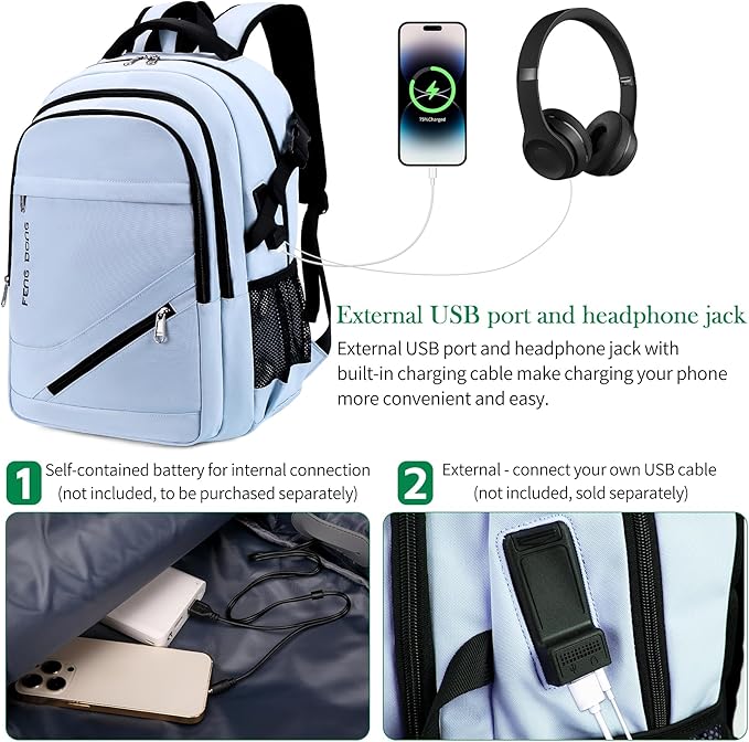 FENGDONG 17.3 inch Large Laptop Backpack Durable Waterproof Travel College Backpack Bookbag for Men & Women Business Backpack with USB Charging Port,Headset Port Light Blue