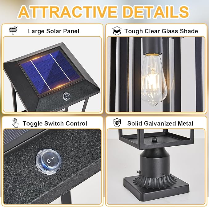 Solar Lamp Post Lights for Outdoor with Pier Mount Base, Dusk to Dawn Pole Light Head with Waterproof, Exterior Solar Powered Pillar Lights Fixture for Yard, Garden, Pathway, Black