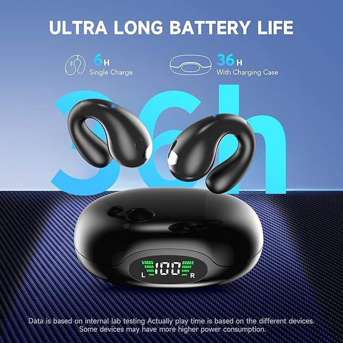 Open Ear Earbuds Wireless Bluetooth 6.1 Earphones, Flexible Clip On Ear buds with 36H Playtime LED Display Bone Conduction Headphones, IPX7 Waterproof Light Weight Fit for Every Ear, Sport, Workout