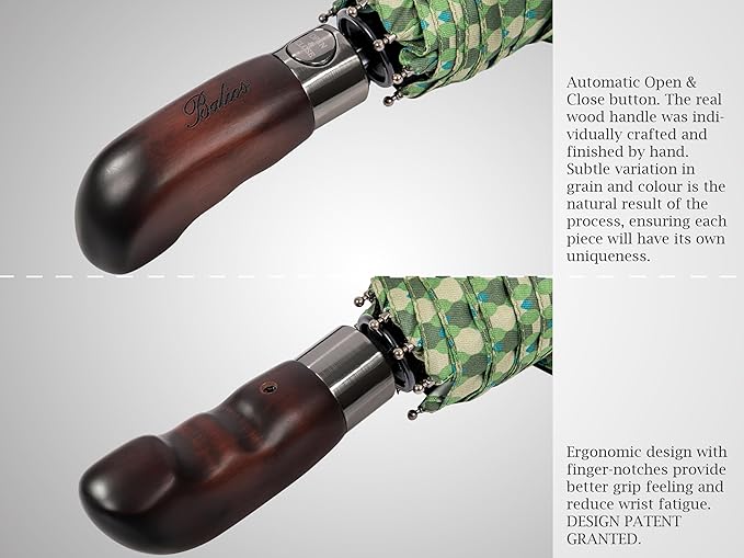 Balios Travel Folding Umbrella with Real Wood Handle Auto Open Close Vented Windproof Canopy - Designed in UK