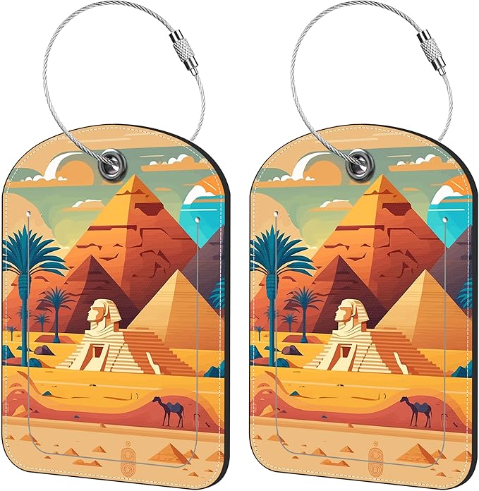 2 Pack Cute Luggage Tag for Suitcases Pyramid of Egypt Leather Luggage Tags with Stainless Steel Loop Privacy Flap Name Tags,Men and Women Travel Bag Suitcase Tags