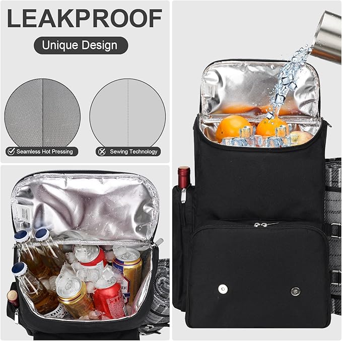 Picnic Backpack for 2 Person with Large Insulated Cooler Bag, Picnic Basket Set with Wine Pouch, Waterproof Picnic Blanket & Cutlery Set. Perfect for Camping, Party,Wedding Gift for Couple.2P-Black