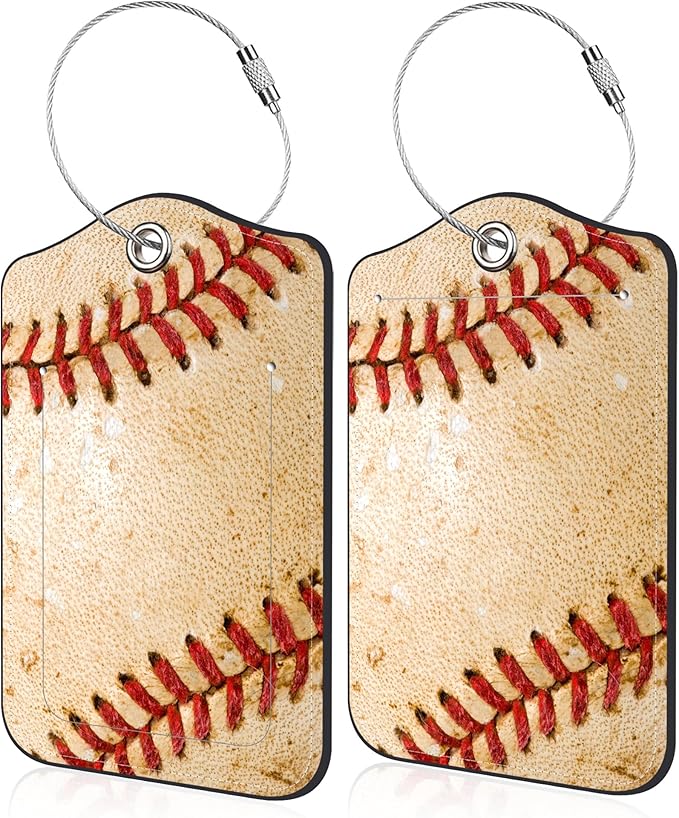 Luggage Tags for Suitcase Baseball 2 PCS Leather Travel Luggage Tag with Stainless Steel Loop Name ID Label Privacy Cover for Women Men Travel