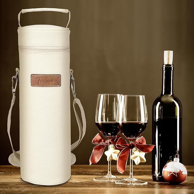Tirrinia Single Wine Cooler Bags - Insulated & Padded Portable Wine Gift Tote Carrier for Travel, BYOB Restaurant, Wine Tasting, Party, Great Gift for Wine Lover, Beige