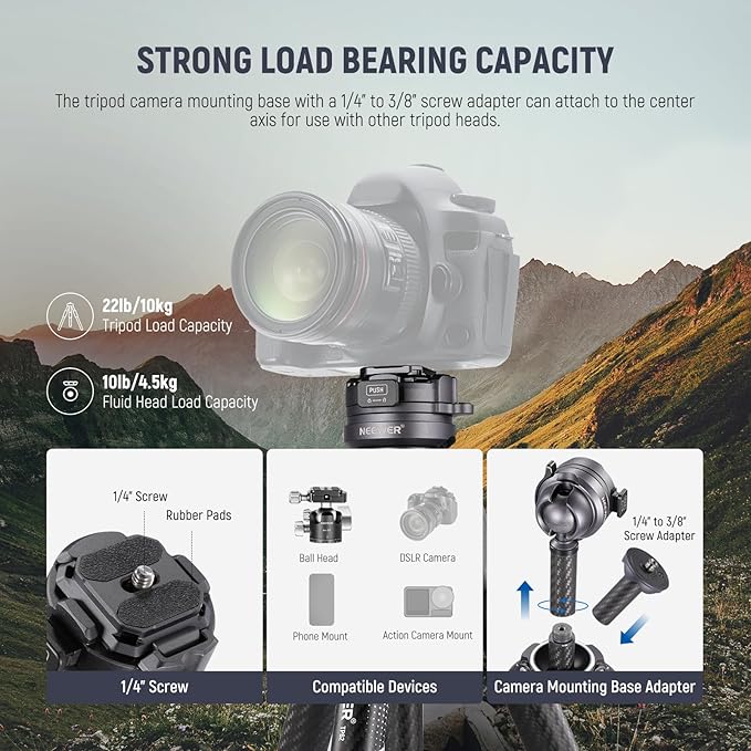 NEEWER LITETRIP LT32 62" Travel Tripod Carbon Fiber with ±15° Leveling Base, Detachable Center Axis, Fast Flip Buckle, 360° Pan Arca Type QR Plate Compatible with Peak Design Capture V3 (Former TP62)