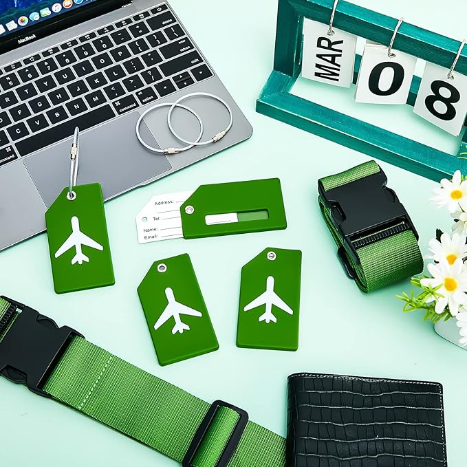 Weewooday 8 Pcs Luggage Straps Suitcase Tags Set for TSA Approved, 4 Travel Adjustable Suitcase Belt, 4 Silicone Luggage Tags with Name ID Card Travel Accessories(Green,Airplane)