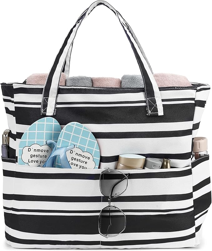 LEDAOU Large Beach Tote Bag Women Waterproof Sandproof Zipper Beach Tote Bag for Pool Gym Grocery Travel with Wet Pocket